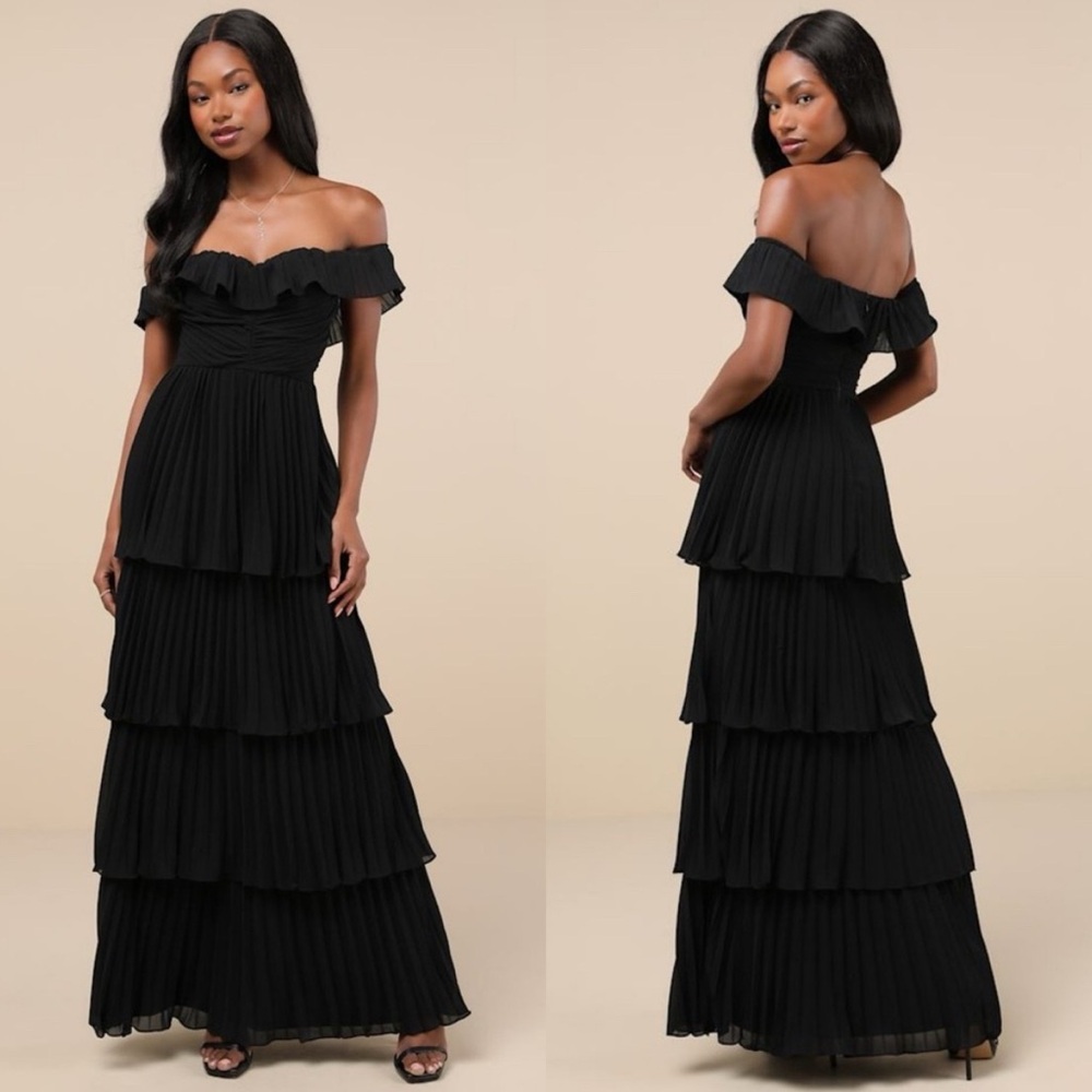Lulus Always‎ Remarkable Black Pleated Off-the-Shoulder Maxi Dress Size Large